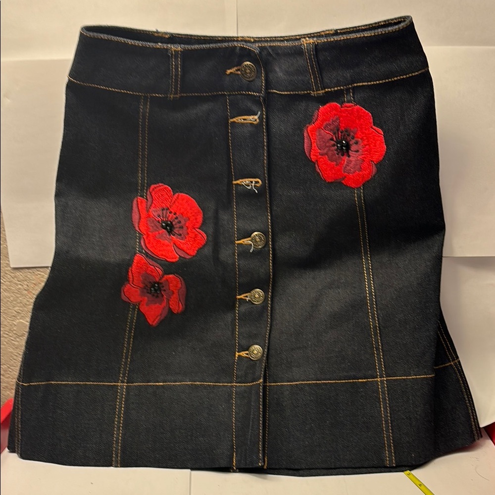 Kate Spade denim Mini Skirt with Red Floral Embroidery